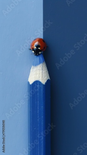 Arranges a whimsical setup where a ladybug perches atop a child s colored pencil, the bright reds echoing the creativity and playful nature both of the insect and the setting photo