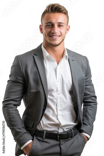 A young man with short hair style wearing suit hand in a pocket, on white background