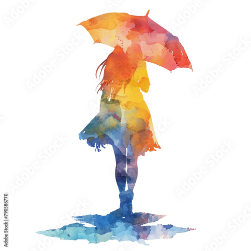 abstract colour silhouette of umbrella girl vector illustration in watercolor style