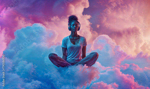 black young woman wearing headphones sitting in a meditative state on a fluffy cloud, conceptual meditation image 