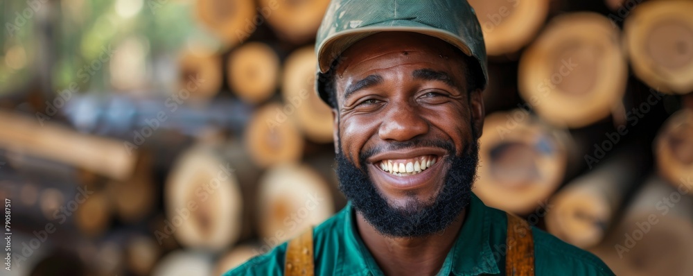 Close-up of a lumber worker in protective gear with timber background