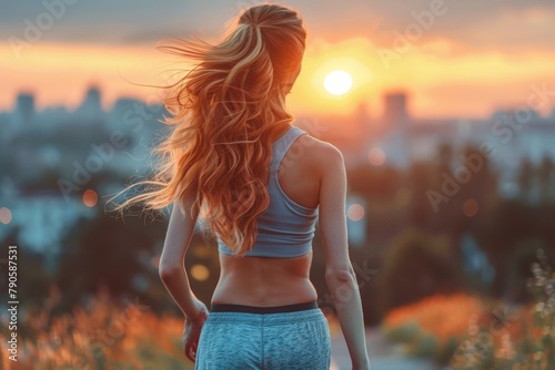 Fashion model in stylish sportswear jogs at sunset in urban setting with city skyline as backdrop photo