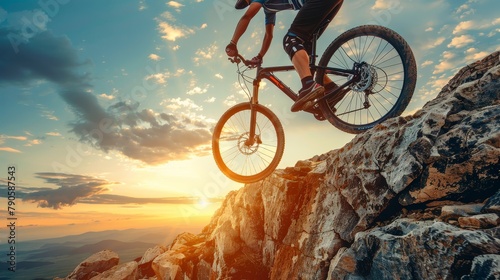 Mountain biker's adrenaline-soaked jump off rocky cliff at sunset defines extreme sports excitement photo