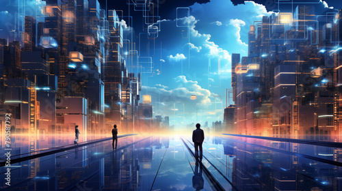 illustration virtual city of digital economy technology background.