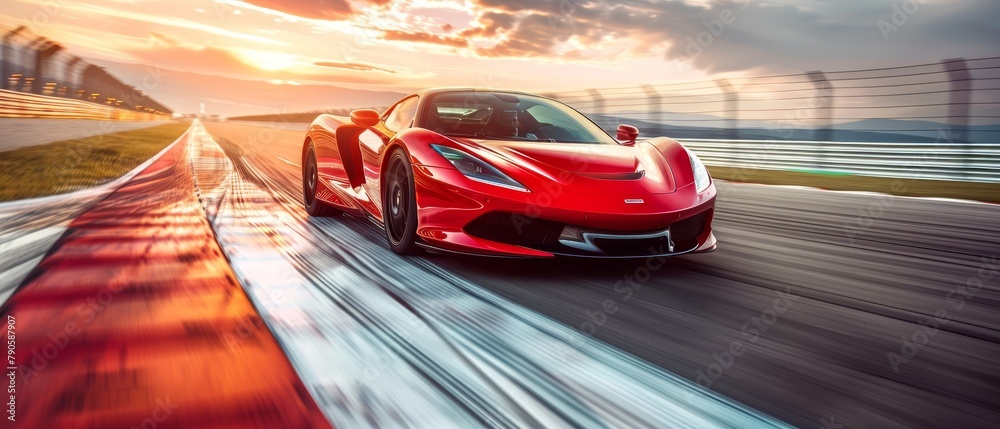 A sleek sports car speeds on a race track, bright red, captured at a dynamic angle with a blurred background to emphasize its velocity