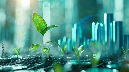 Seedling sprouting amidst coins, upward trending bar graphs, team collaboration around a growth plan, digital marketing strategy visualization, expanding city skyline 
