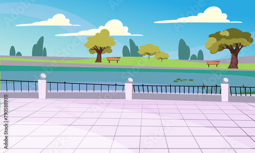 Tranquil park with wooden bench near lake. Flat vector illustration. Quay, river, green trees, blue sky. Leisure, landscape concept