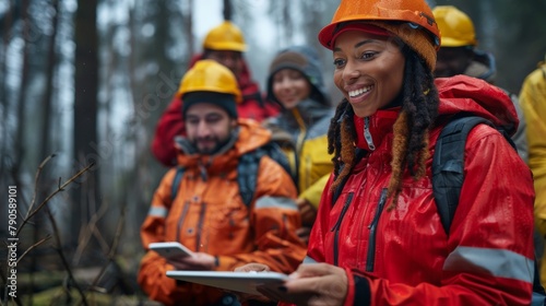 Diverse forestry team in safety gear with digital tablets in a misty forest