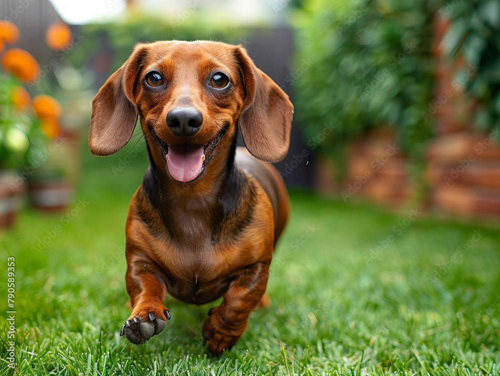 A friendly dachshund is running and smiling in a green garden among flowers and a wooden fence
