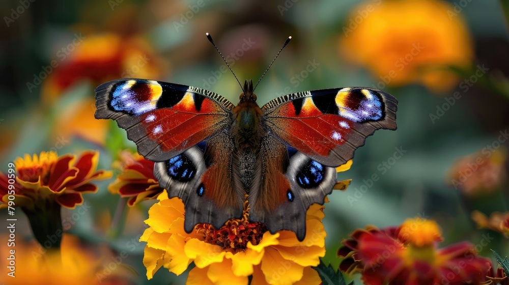 Fototapeta premium Peacock butterfly sitting on Marigold blossoms in a rural area during the warmer months