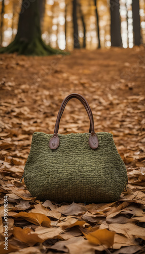Eco bag with leather handles in an autumn park