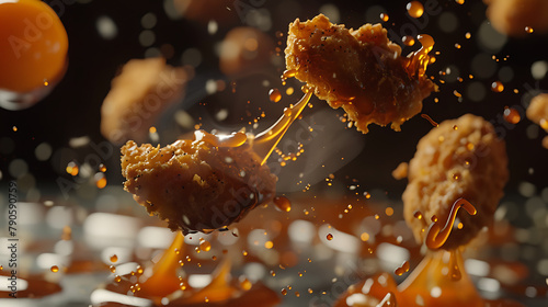 Brown crispy chicken nuggets sauce floating in mid air 