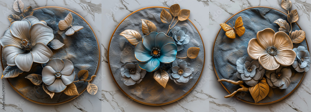 panel wall art, a collection of oval-shaped works of art, each featuring intricate patterns of flowers, leaves and butterflies, wall decoration	
