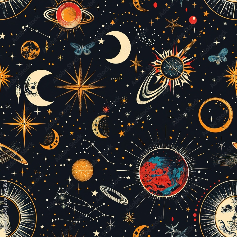 A constellation of 3D celestial bodies, intertwined with boho symbols. Seamless Pattern, Fabric Pattern, Tumbler Wrap, Mug Wrap. A constellation of 3D celestial bodies, intertwined with boho symbols. Seamless Pattern, Fabric Pattern, Tumbler Wrap, Mug Wrap.