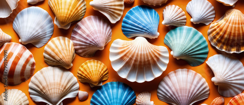 Bright colorful summer background from scallop sea shells