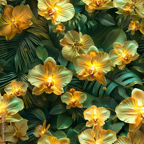 Luminous 3D yellow orchids  weaving through a rainforest canopy. Seamless Pattern  Fabric Pattern  Tumbler Wrap  Mug Wrap.