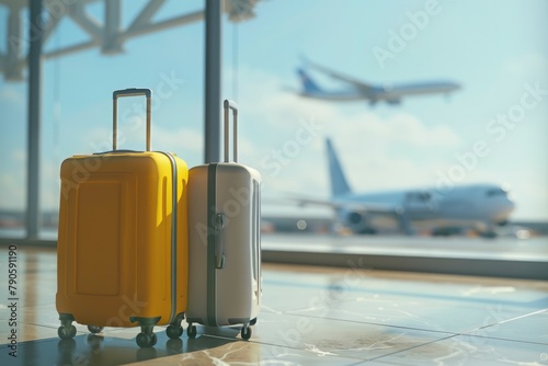 Two luggage placed side by side on the airport floor in a 3D render.