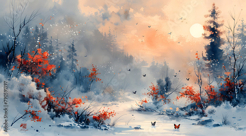 Winter Sunrise Ballet: Watercolor Scene of Frosted Garden with Waking Butterflies