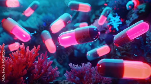 In a futuristic design, many bright, colorful pills.With neon lights and coral reefs in the background, the scene is underwater.