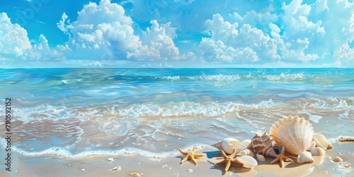 a stunning sandy beach with blue skies and crystal-clear water,