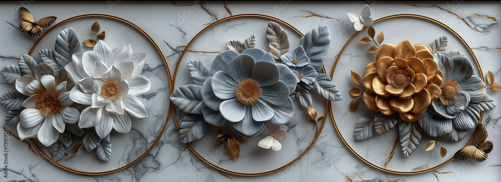 panel wall art, a collection of oval-shaped works of art, each featuring intricate patterns of flowers, leaves and butterflies, wall decoration	