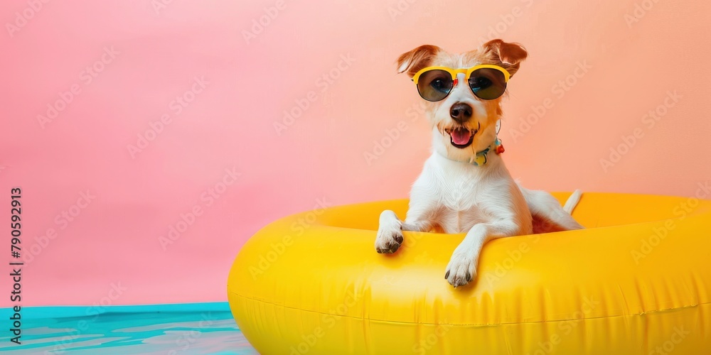 A happy canine with sunglasses sitting on an inflatable yellow ring against a bright background