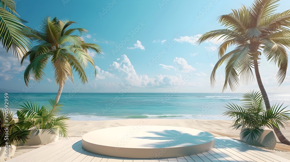Serene 3D Summer Podium on Idyllic Tropical Beach with Palm Trees and Ocean Backdrop for Holiday Product Display