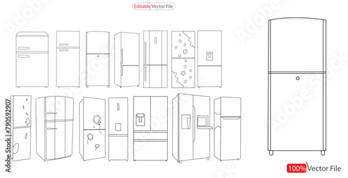 Fridge  Outline illustration of double door fridge vector icon for web design isolated on white background. Refrigerator drawing. Line isolated on clean Vector. Set single-door and Double door fridge