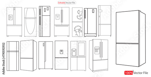 Big Set Double door fridge outline icon vector. Double-door fridge outlines isolated white background. Vector Illustration.  reezer vector outline set icon. Isolated outline set icon freezer .