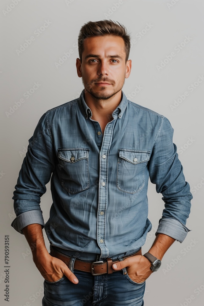 Portrait of a Young Man in Casual Attire hand in pocket, on white background.