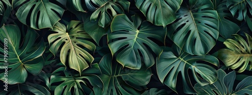 Large leaves in the Spathergilling style against a dark green background that resembles tropical foliage