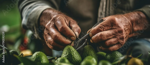 Farmer picking avocado, harvest concept