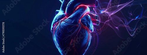 closeup of a human blue coloured heart illustration with blue glowing light and dark background