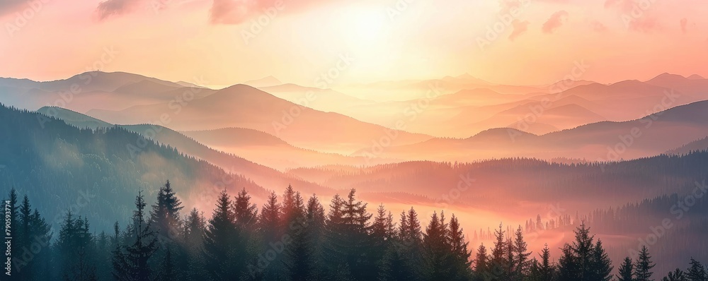 a broad picture of the mountain range at dusk, with clouds and a forest in front of it