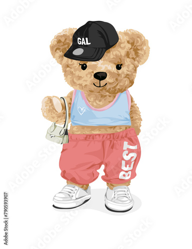 cute bear doll in colorful sweat pant fashion style hand drawn vector illustration