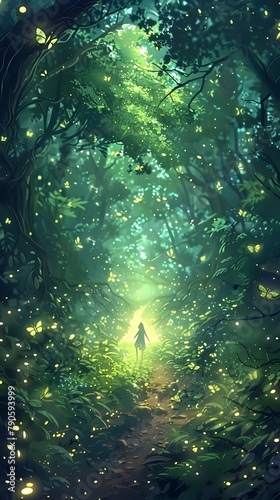 A Journey through an Enchanted Forest at Dusk Illuminated by the Rhythm of a Beating Heart and Glowing Fireflies © Wuttichai