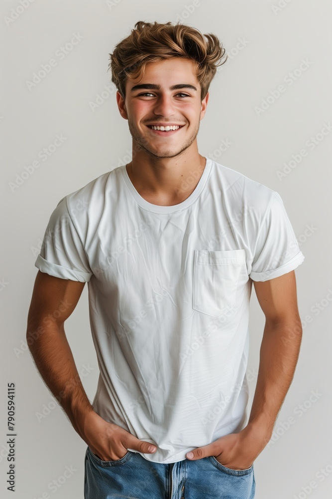 Portrait of a Young Man in Casual Attire hand in pocket, on white background. Portrait of a Young Man in Casual Attire hand in pocket, on white background.