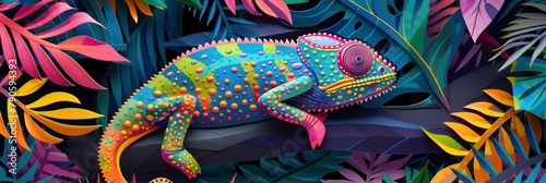 Neon colors and an abstract artwork paper cut of a chameleon in forests