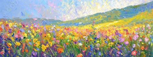 a field full of colourful flower pinting with thick brush strokes
