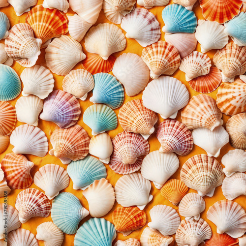 Bright colorful summer background from scallop sea shells