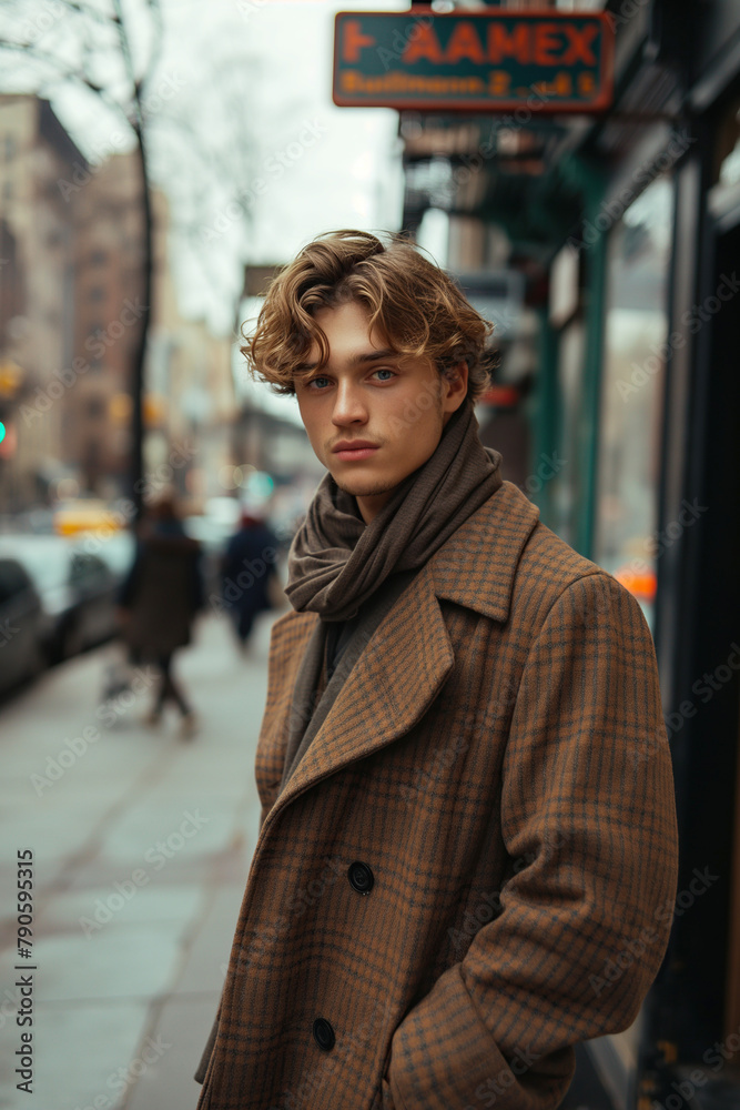 fashion portrait of a young man in a coat on the street in the retro style of the 1990s