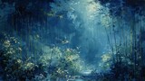 Mystical bamboo forest with ethereal light and artistic color palette in a serene environment