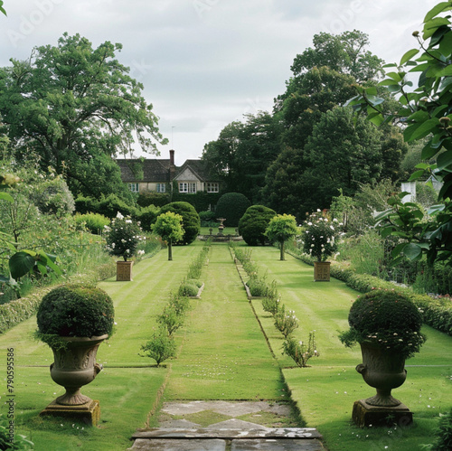 a Country House garden, with green lawns and paved pathways and well manicured trees  photo