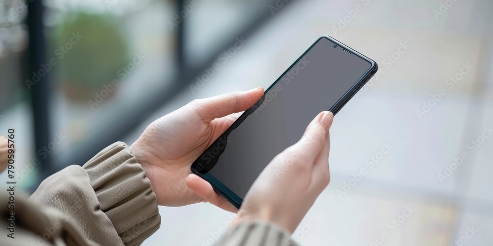 hand holding and touching smart phone with close up and blurred bokeh background