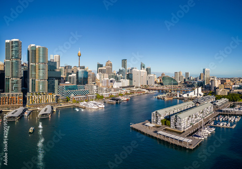 Sydney  Australia  Aerial view of the newly developed Darling Harbor business and entertainment district in Sydney on a sunny day.