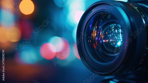 camera lens with a blurred background, symbolizing the creation of photos and videos for marketing and advertising. photo