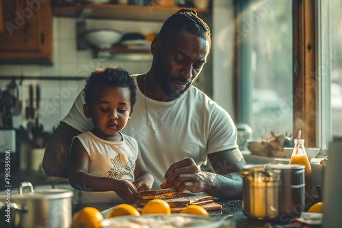 Father and little son making a sandwich in the kitchen photo