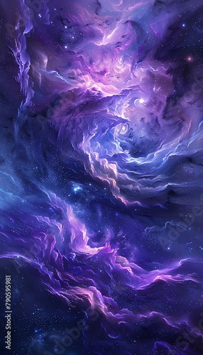 Vibrant nebula clouds with swirls of purple and blue, star clusters twinkling in the depths of space