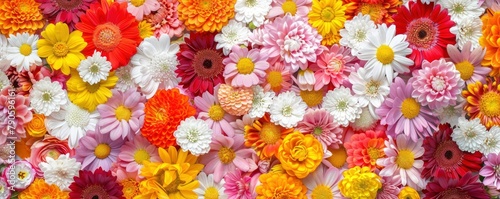 Top view of colorful various flowers with multicolored blooms