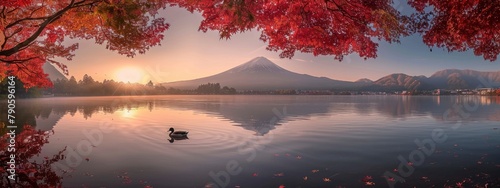 In the fall, the famous Mount Fuji is framed by vibrant red leaves. © Image